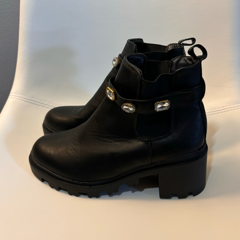 Black Leather Ankle Booties with Decorative Gems